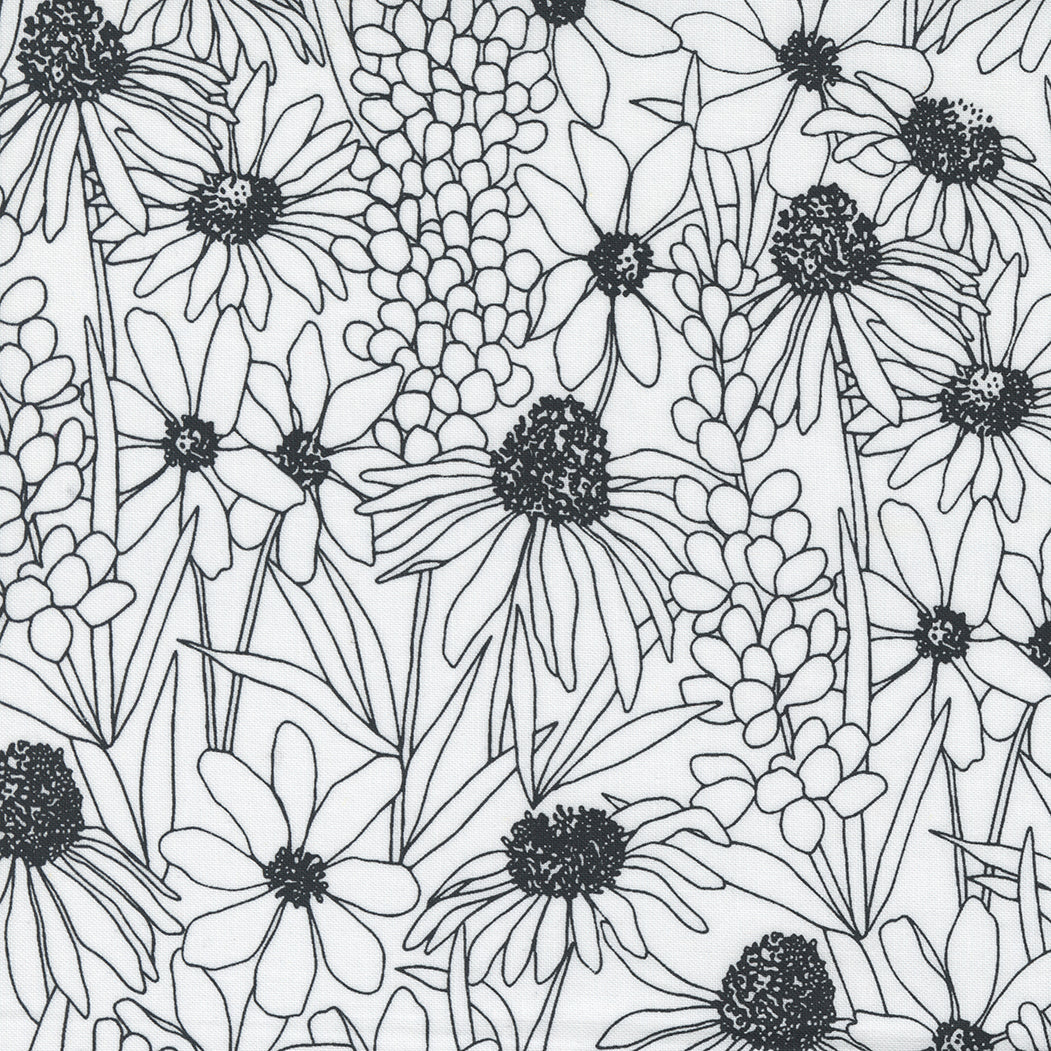 Hey Y'all Quilt Fabric - Wildflowers Large Floral in Black on Paper White - 11511 11