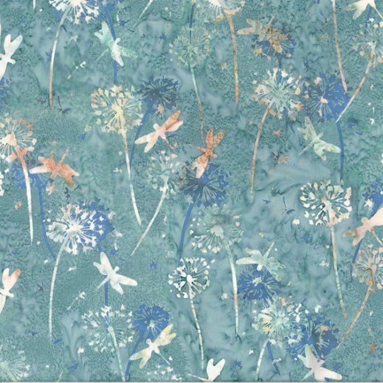 Hoffman Bali Batik Quilt Fabric - Dandelions and Dragonflies in Big Sur Blue - U2497-550