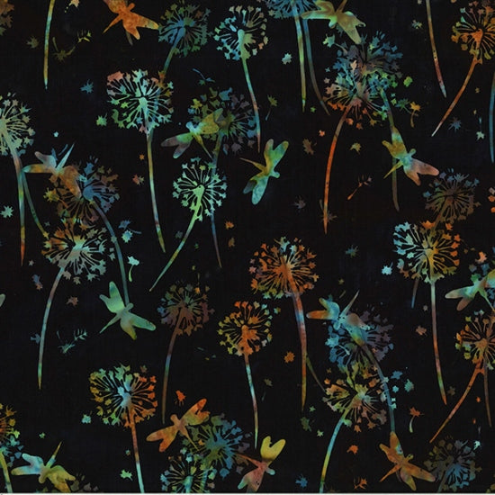 Hoffman Bali Batik Quilt Fabric - Dandelions and Dragonflies in Black - U2497-4