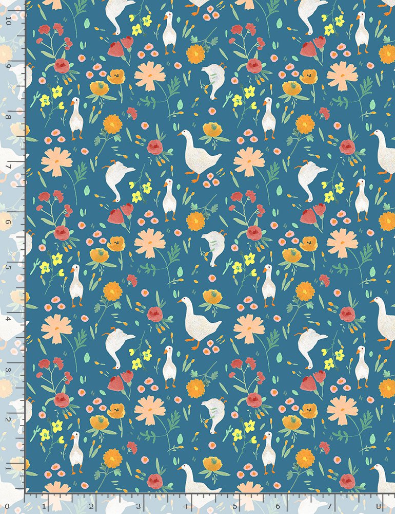 Homestead Quilt Fabric - Tossed Geese and Wildflowers in Blue - RACHEL CD1556 BLUE