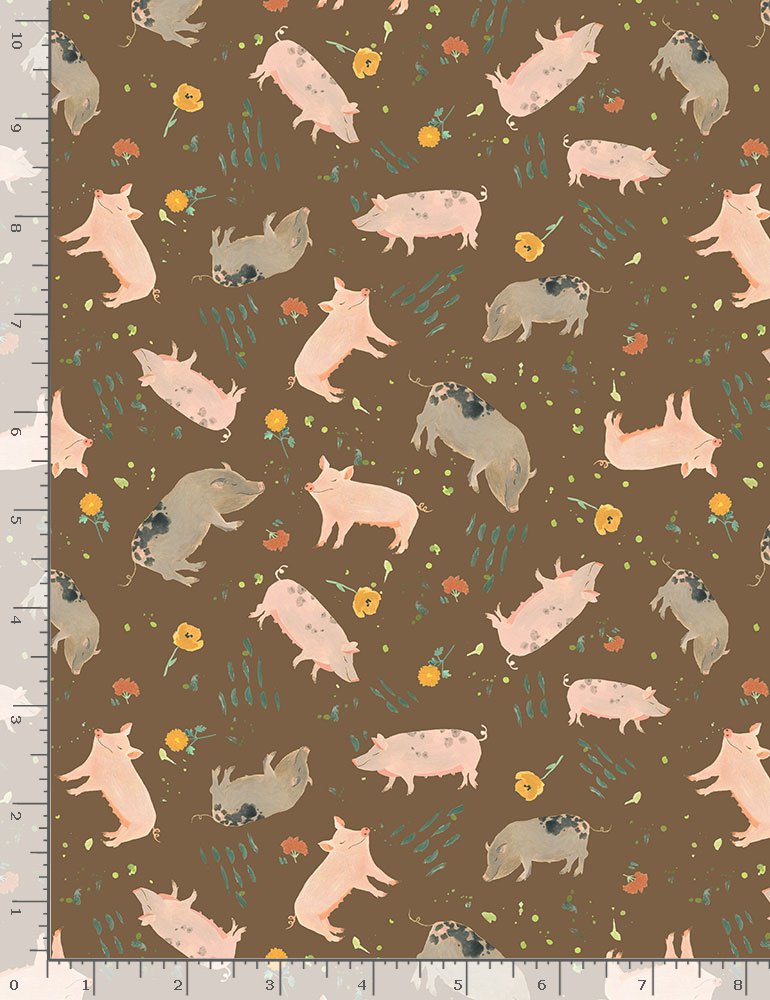 Homestead Quilt Fabric - Tossed Pink and Black Pigs in Brown - RACHEL CD1554 BROWN