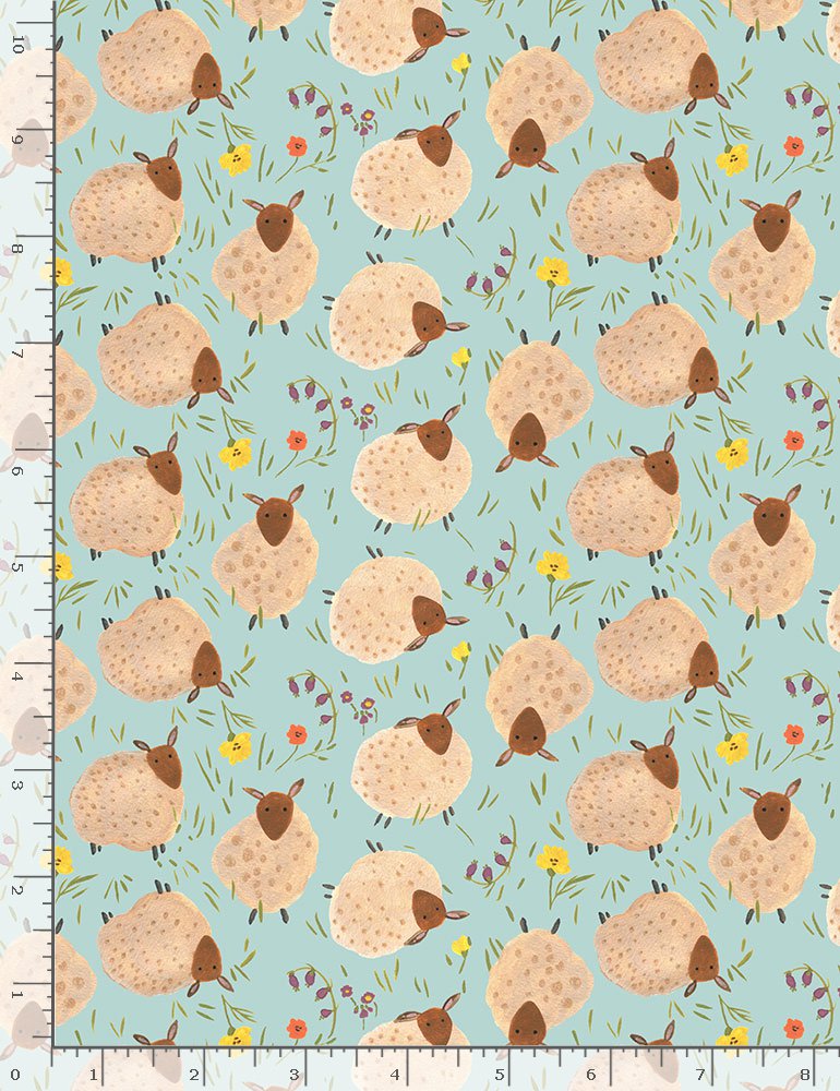 Homestead Quilt Fabric - Tossed Puffy Sheep and Wildflowers in Sky Blue - RACHEL CD1553 SKY