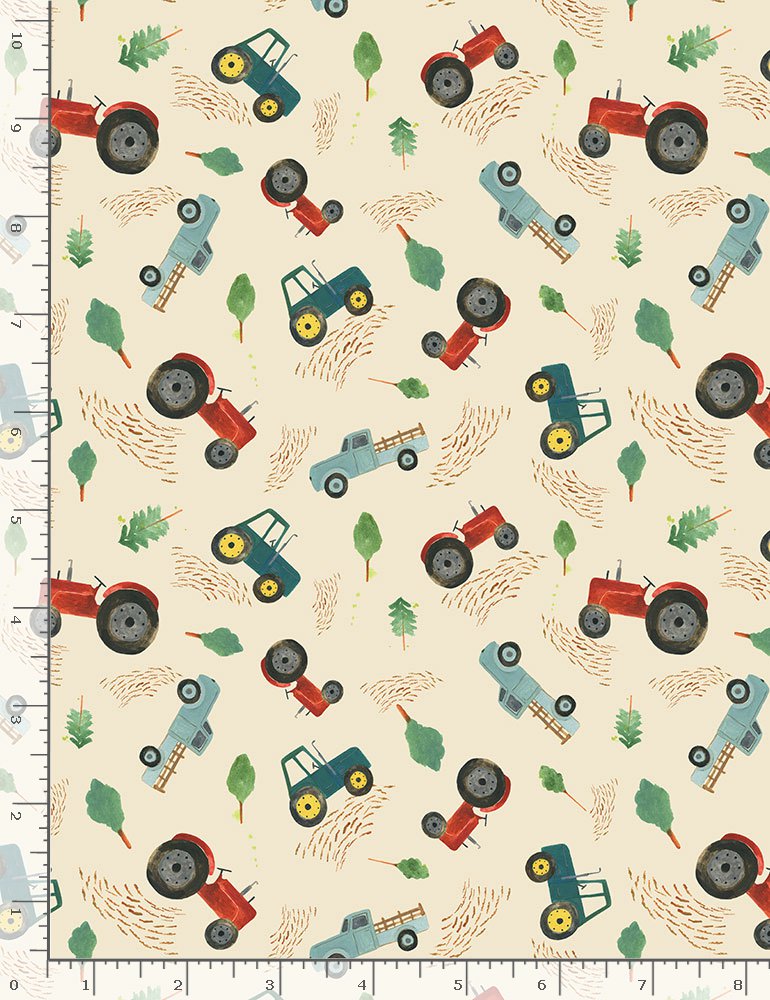 Homestead Quilt Fabric - Tossed Tractors in Cream - RACHEL CD1552 CREAM