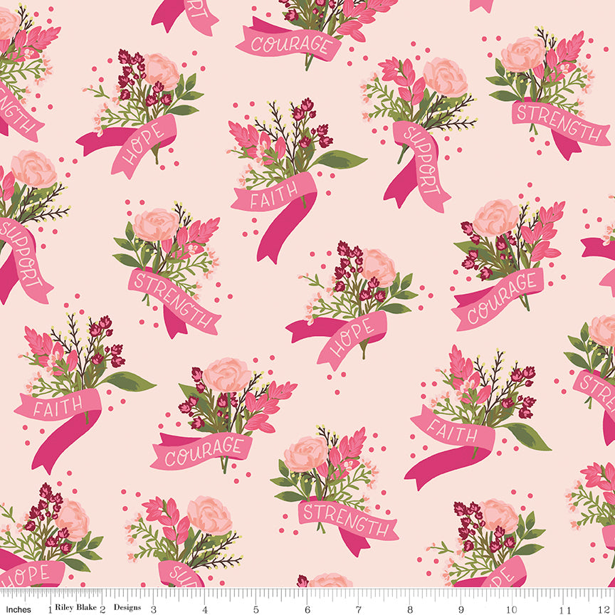 Hope in Bloom Quilt Fabric - Main Print (Bouquets and Ribbons) in Blush Pink - C11020-BLUSH
