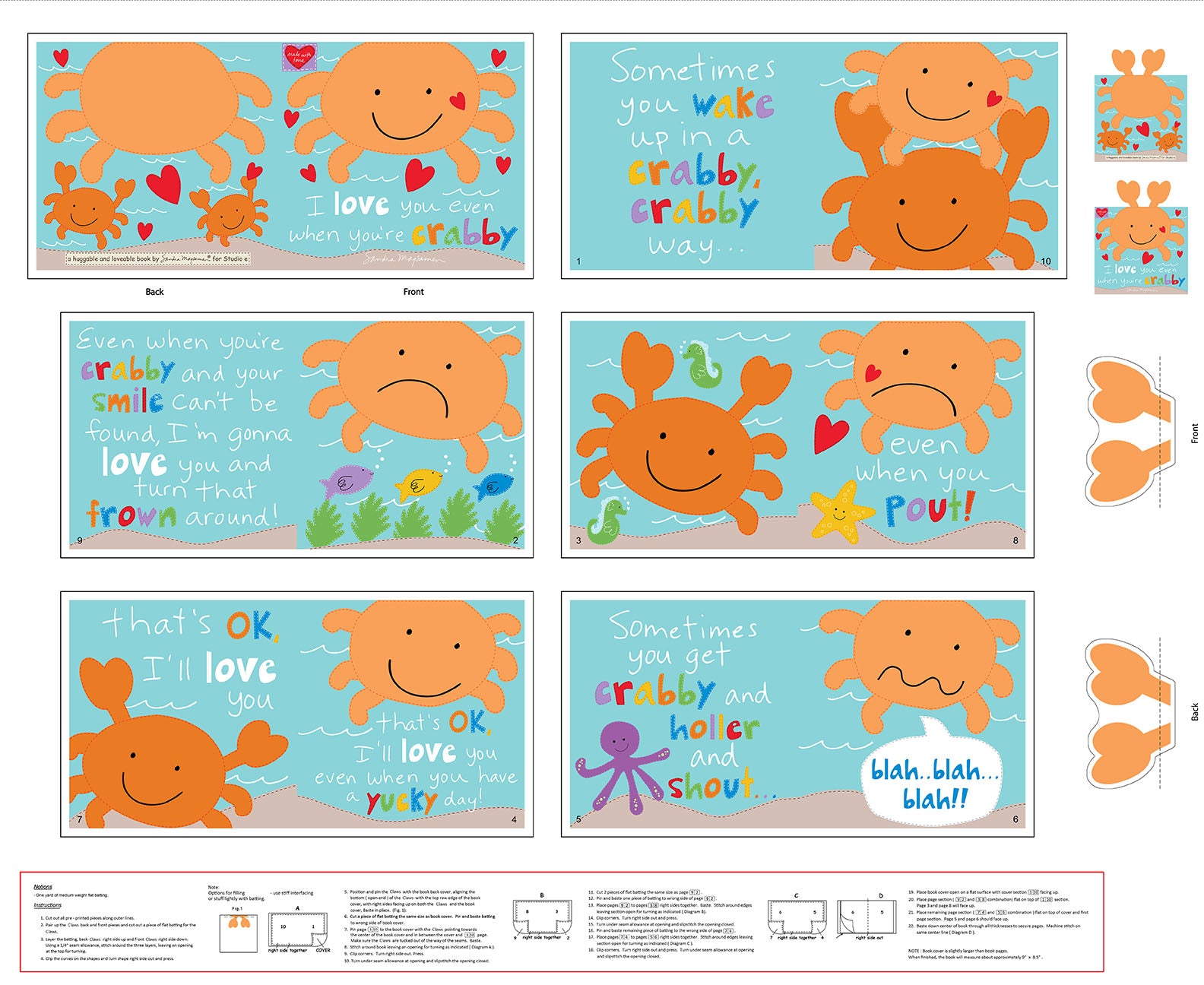 Huggable and Loveable XII Quilt Fabric - I Love You Even When You're Crabby Book Panel - 6805P-01 - SOLD AS A 36" PANEL