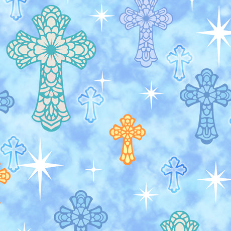 I'll Be a Sunbeam Quilt Fabric - Crosses in Blue - 1649-28781-B