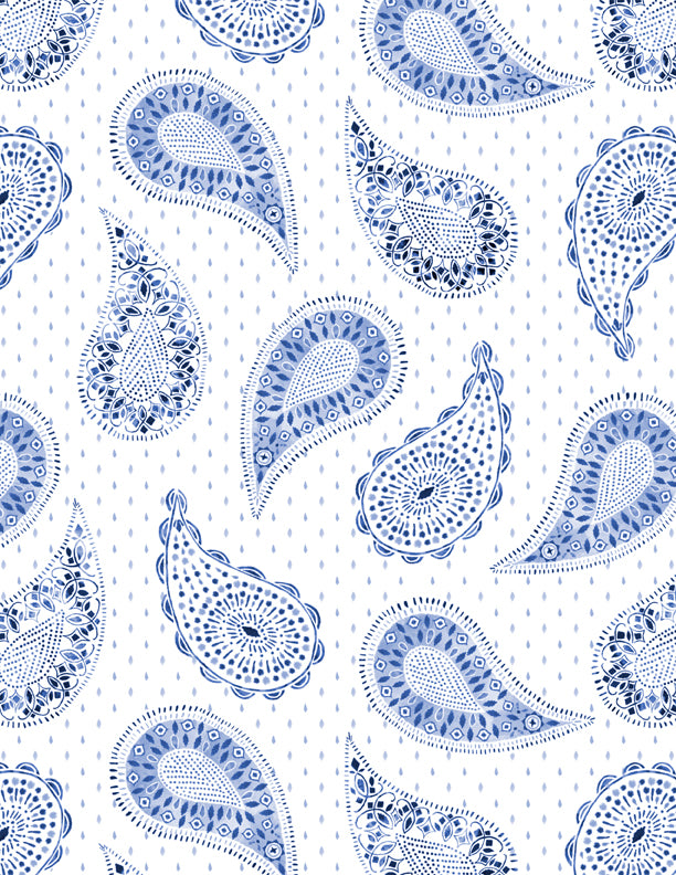 Indigo Splash Quilt Fabric - Paisley and Dots in White  - 3049-15712-144