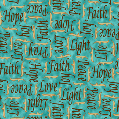 Instruments of Peace Quilt Fabric - Inspirational Words in Teal/Aqua - 1649-28642-Q