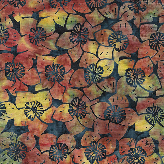 Island Batik Quilt Fabric - Naturescape - Dogwood Flower in Blue Storm/Gold - 712208585