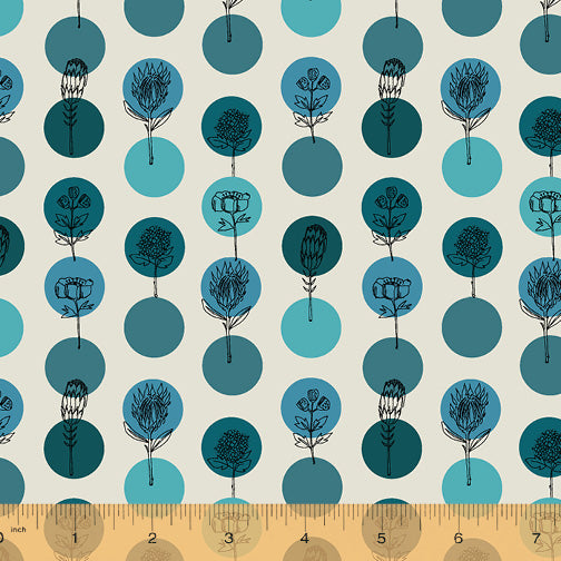 Jaye Bird Quilt Fabric - Protea Polkas in Turquoise/Cream - 53274-2