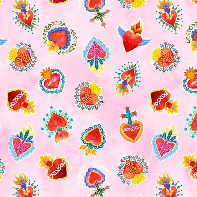 La Vida Loca Quilt Fabric - Sacred Heart in Pink - CX9422-PINK-D