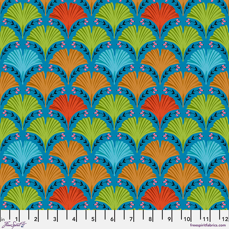 Land Art 2 Quilt Fabric - Ginko Leaves in Blue - PWOB068.BLUE