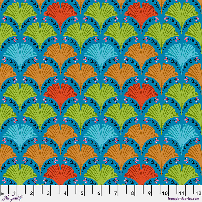 Land Art 2 Quilt Fabric - Ginko Leaves in Blue - PWOB068.BLUE