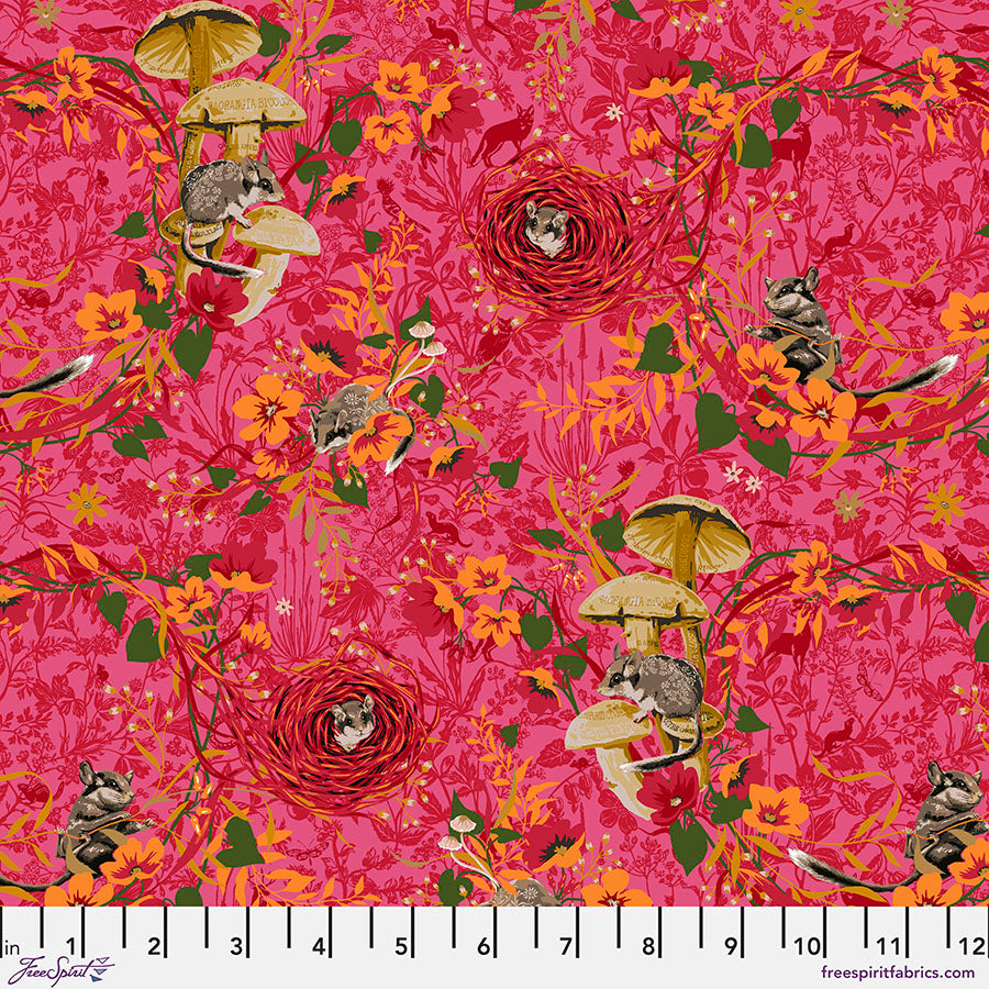 Land Art 2 Quilt Fabric - Masked Bandits (Mice/Mushrooms) in Rose Pink - PWOB061.ROSE