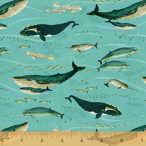 Land and Sea Quilt Fabric - Faroe Whales in Clear Sky Aqua/Multi - 53277D-1
