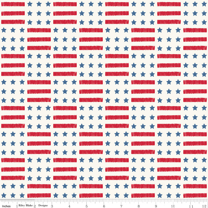 Land of the Brave Quilt Fabric - Stars and Stripes in Cream - C13141-CREAM