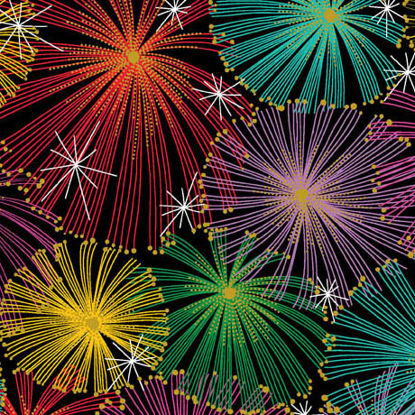 Light Up the Sky! Quilt Fabric - Fireworks Packed in Black/Multi - 1649 29306 J