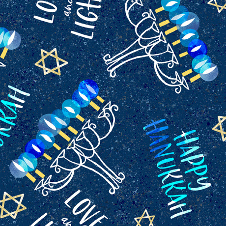 Love and Light Quilt Fabric - Hanukkah Menorahs in Blue - 1649-28793-W