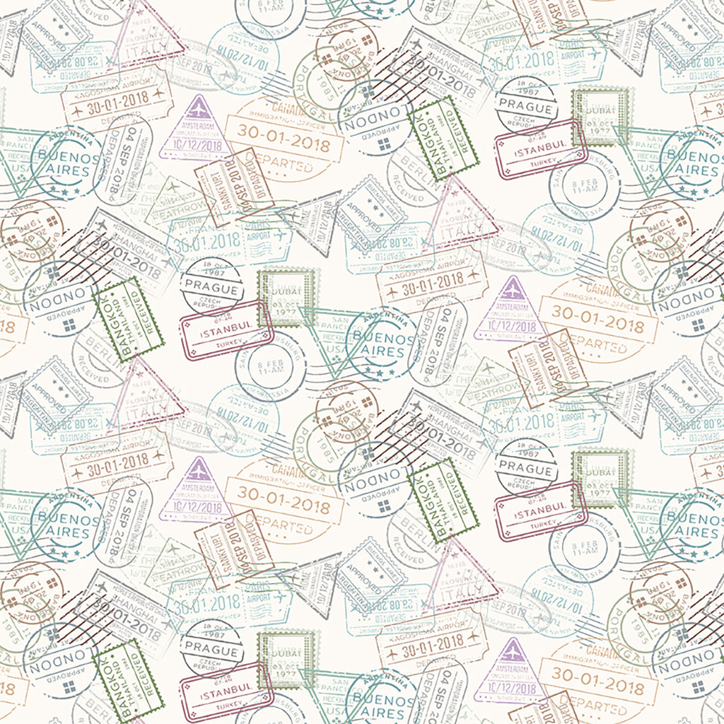 Low Key Quilt Fabric - Passport Stamps in Multi/Pastel -  Y3482-54