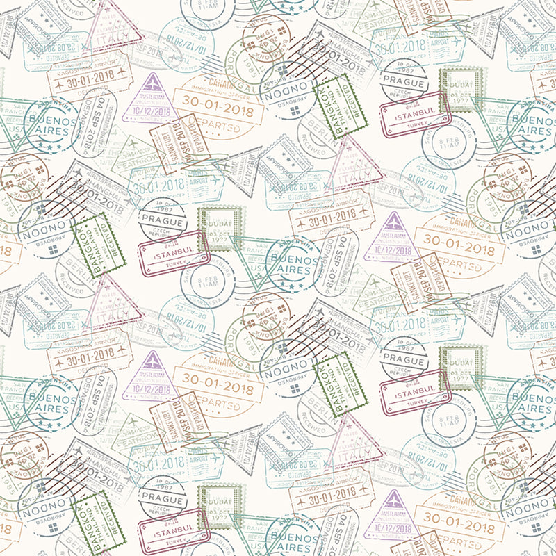 Low Key Quilt Fabric - Passport Stamps in Multi/Pastel -  Y3482-54