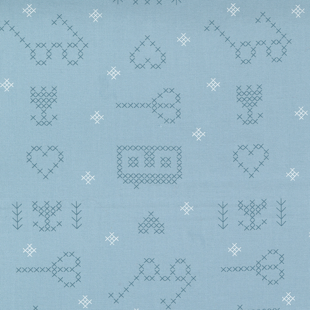 Make Time Quilt Fabric - Cross Stitch Sampler in Bluebell Blue - 24570 14