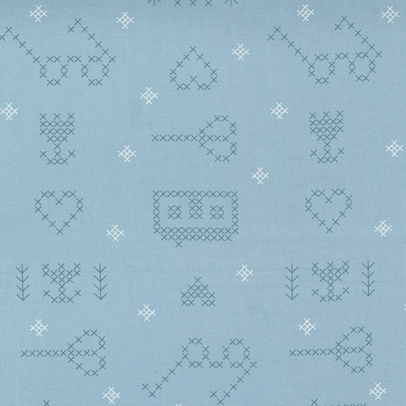 Make Time Quilt Fabric - Cross Stitch Sampler in Bluebell Blue - 24570 14