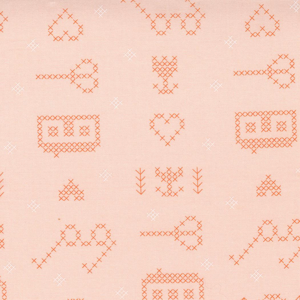 Make Time Quilt Fabric - Cross Stitch Sampler in Blush Peach - 24570 12