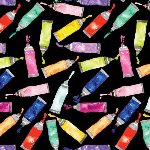 Mess Maker Quilt Fabric -Squeeze the Day Paint Tubes in  Black/Multi - DC10151-BLAC-D