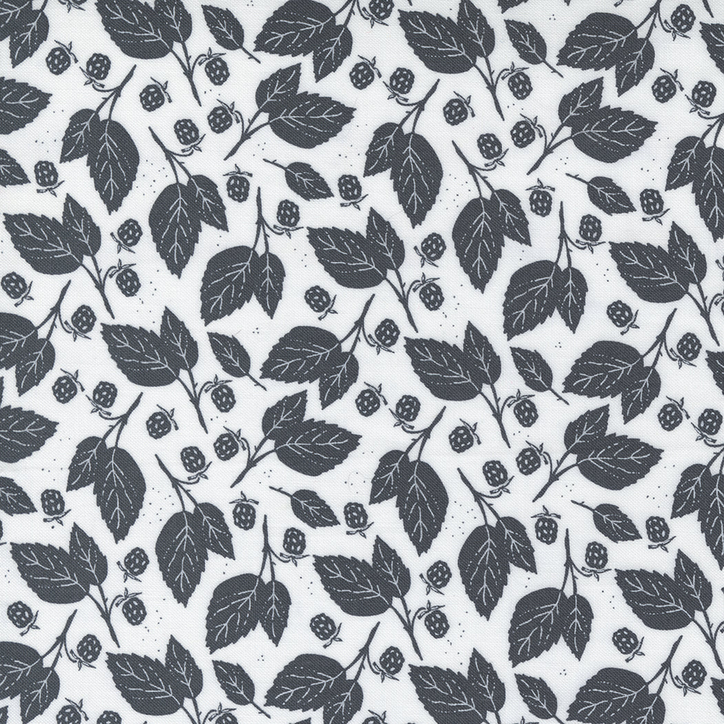 Midnight in the Garden Quilt Fabric - Blackberry Bramble Woodcut in Mist White/Charcoal Gray - 43125 21