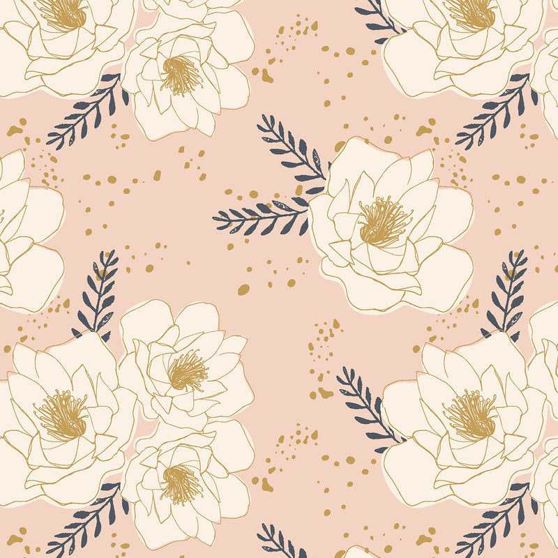 New Beginnings Quilt Fabric - Magnolia Blossoms in Cream/Pink - NEW 2044