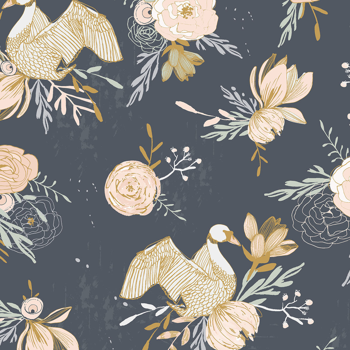 New Beginnings Quilt Fabric - Swan Floral in Charcoal Gray - NEW 2040