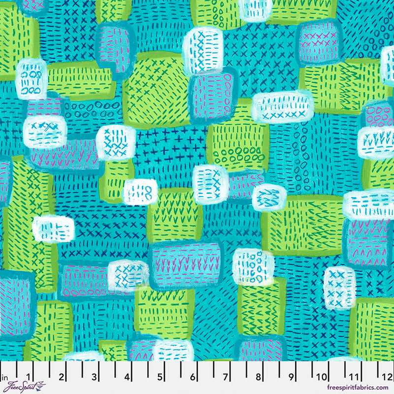 Oh Happy Day Quilt Fabric - Seed Stitch Patchwork in Aqua - PWKG032.AQUA