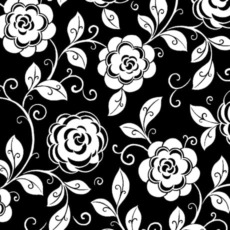 Opposites Attract Quilt Fabric - Mod Floral in Black - 1649-27712-J