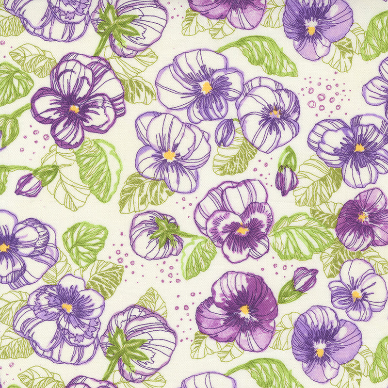 Pansy's Posies Quilt Fabric - Watercolor Pansy in Cream - 48721 11