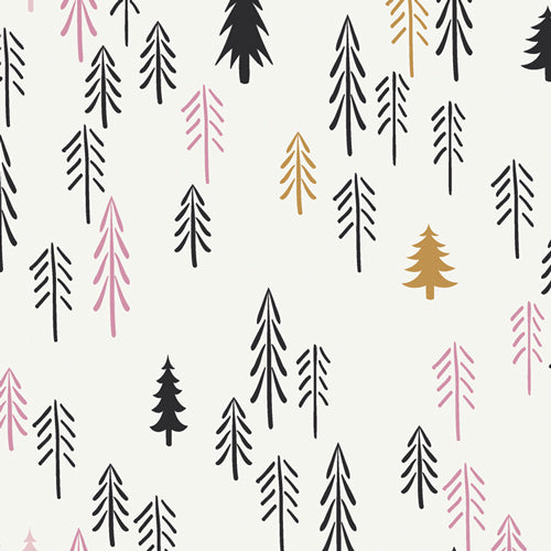 Pine Lullaby Quilt Fabric - Loblolly (Trees) in Wood (Black/White/Pink)  - CAP-PL-1307