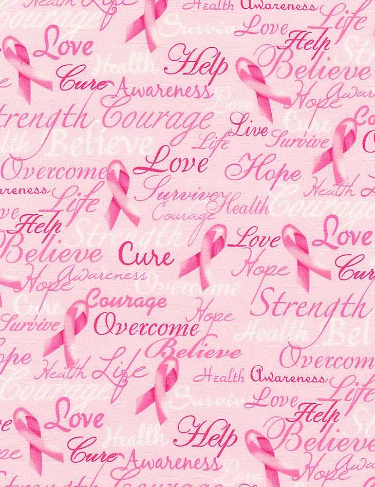 Pink Ribbon Quilt Fabric - Breast Cancer Words in Pink - GAIL-C7659 PINK