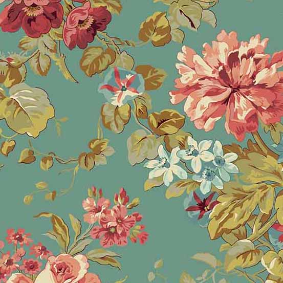 Primrose Quilt Fabric - Rose Garden in Patina Aqua - A-521-T