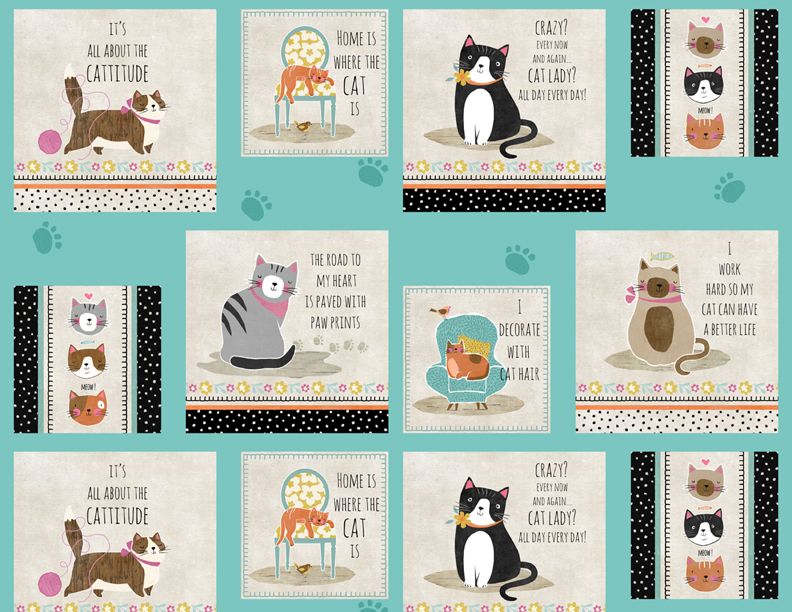 P182 - Purrfect Partners Quilt Fabric - Craft Panel in Multi - 3007 68557 719 - SOLD AS A 24" PANEL