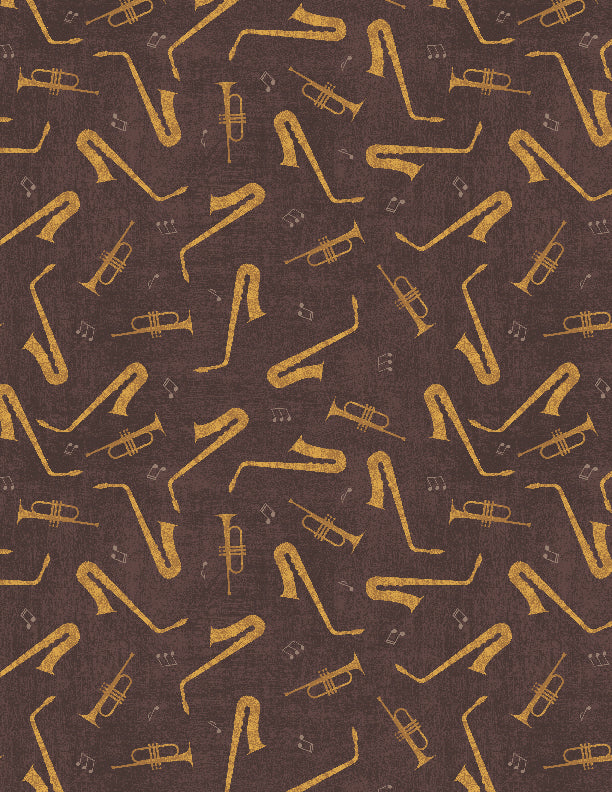 Rhythm and Harmony Quilt Fabric - Trumpet and Sax (Saxophone) Toss in Brown - 3048 37018 252