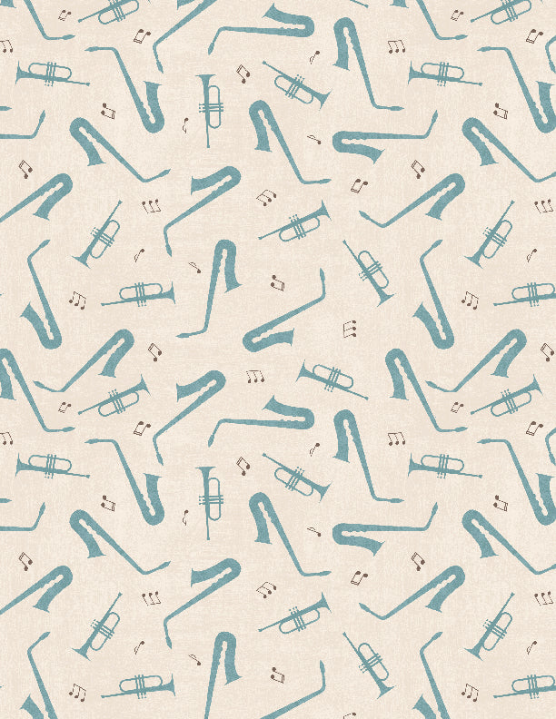Rhythm and Harmony Quilt Fabric - Trumpet and Sax (Saxophone) Toss in Cream - 3048 37018 242