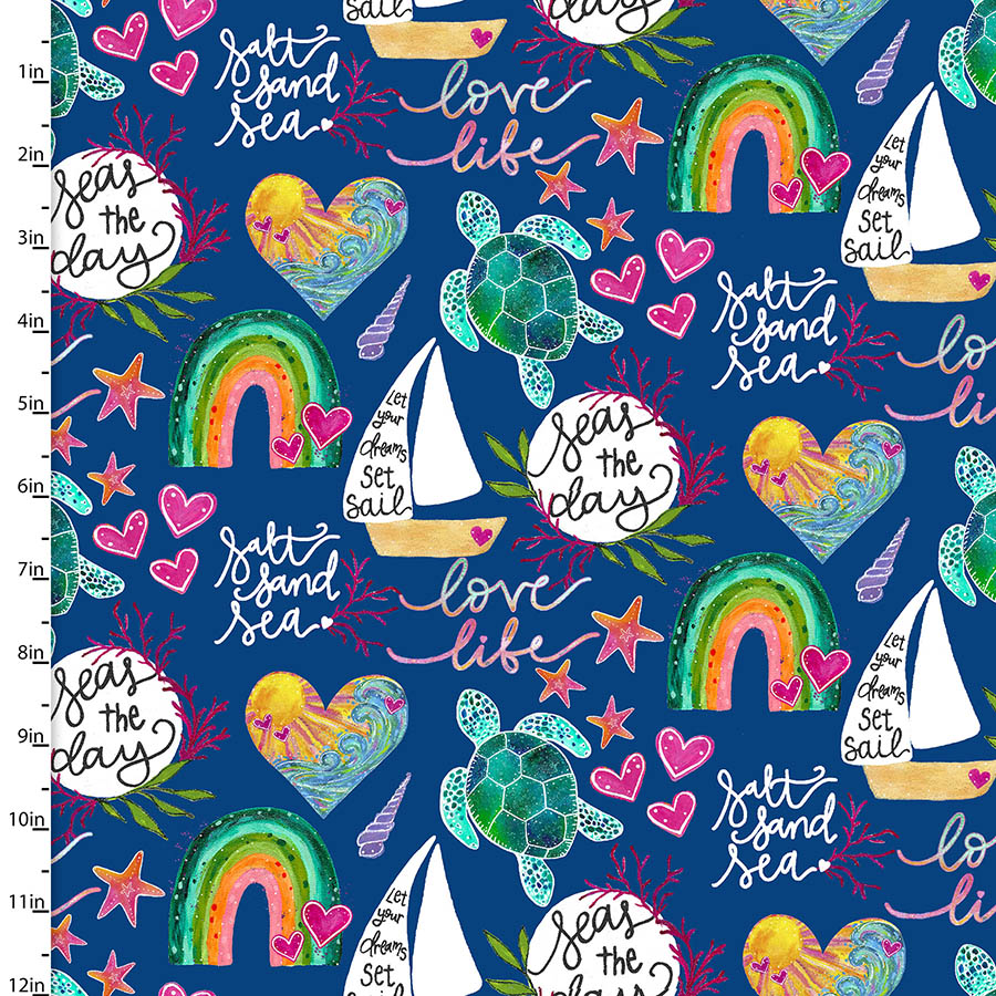 Seas the Day Quilt Fabric - Words in Navy/Multi - 18726-NAVY