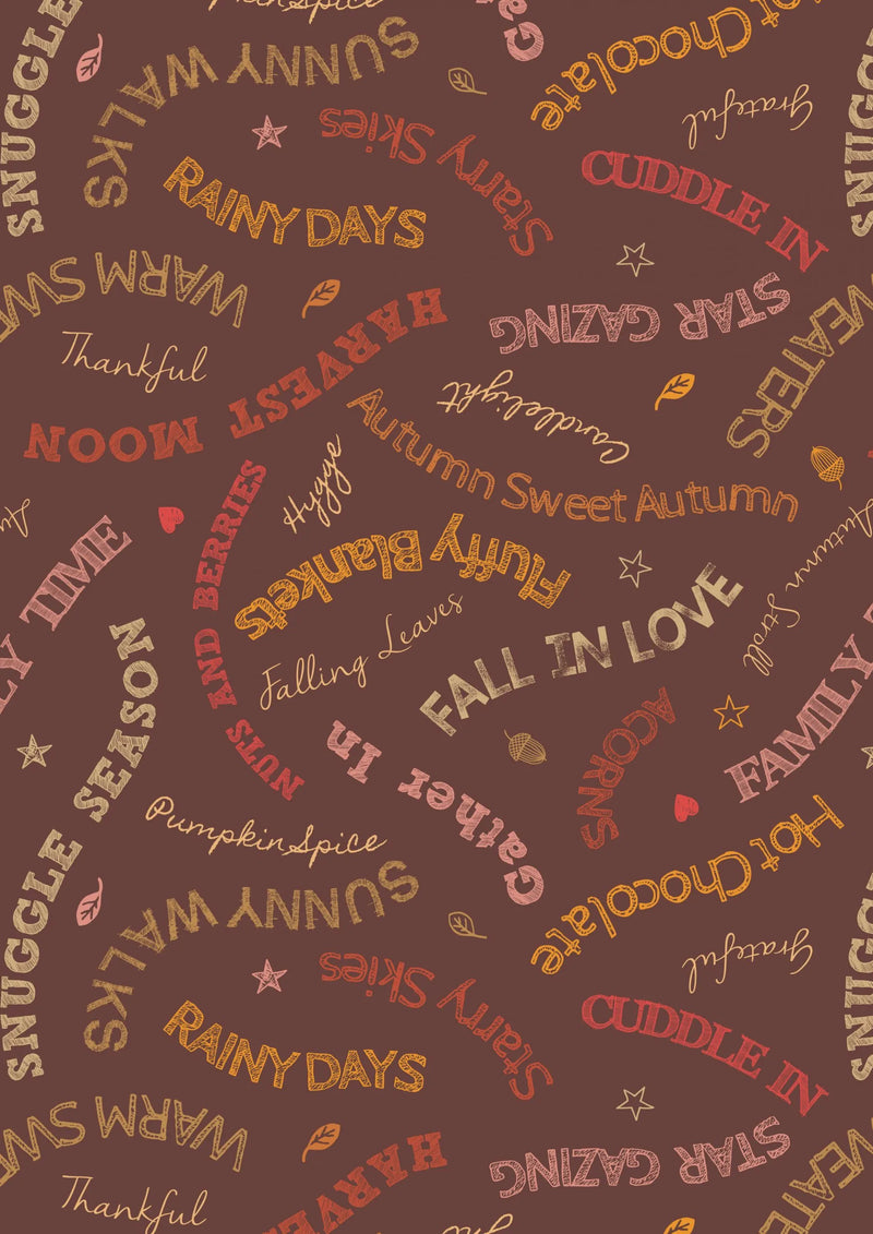 Snuggle Season Quilt Fabric - Cozy Words on Chocolate Brown - A684.2