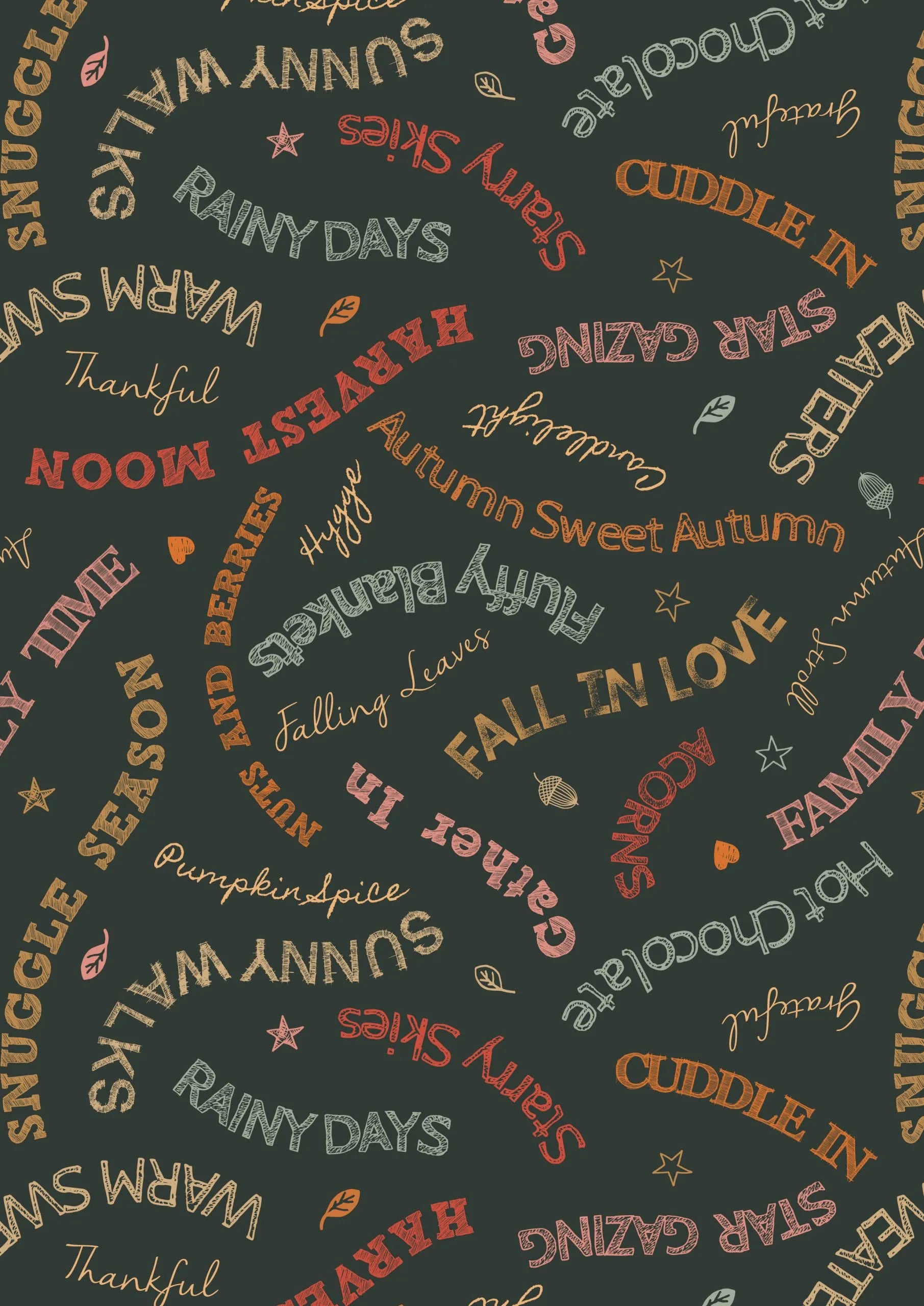 Snuggle Season Quilt Fabric - Cozy Words on Dark Forest Green - A684.3