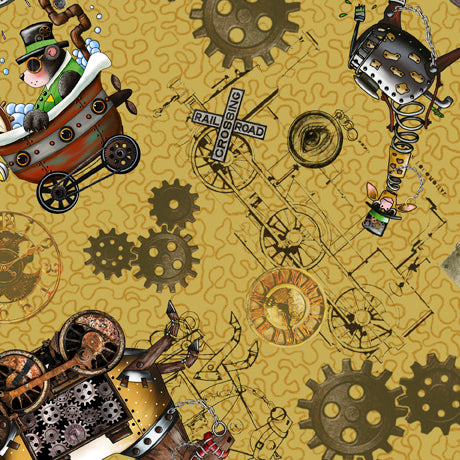 Steampunk Express Quilt Fabric - Steampunk Toss in Gold - 1649 29067 S