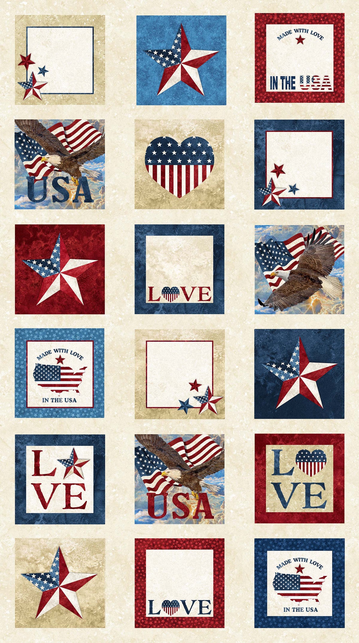 Stonehenge Stars and Stripes Quilt Fabric - Label Panel in Beige/Multi  - DP24283-12 - SOLD AS A 25" PANEL