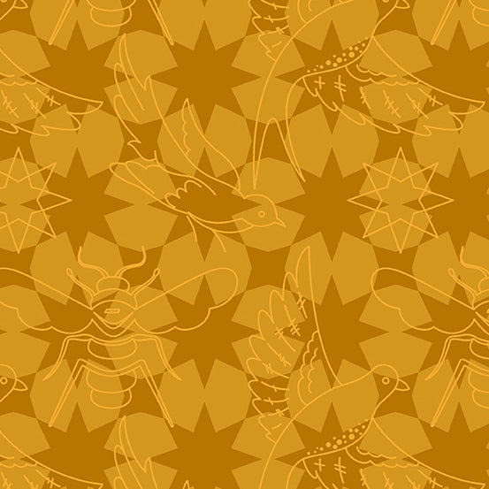 Sun Print Luminance Quilt Fabric by Alison Glass - Flourish (Birds/Stars) in Amber Gold - A-8446-O1