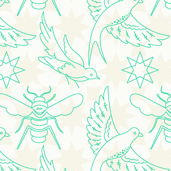 Sun Print Luminance Quilt Fabric by Alison Glass - Flourish (Birds/Stars) in Jade Green/White - A-8446-L