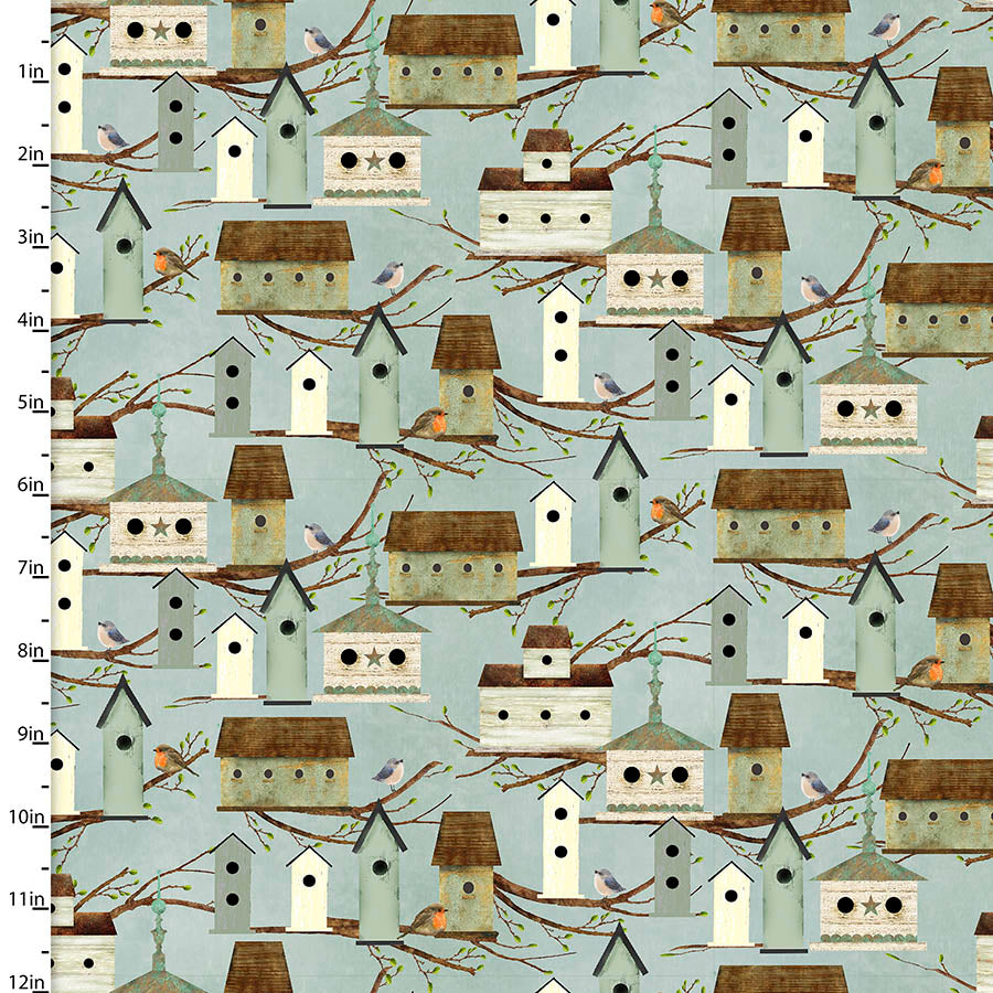 Touch of Spring Quilt Fabric - Bird Houses in Blue - 18745-BLUE