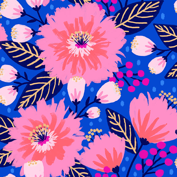 Vibrant Blooms Quilt Fabric - Dahlia Party in Dark Blue/Pink - 120-22229