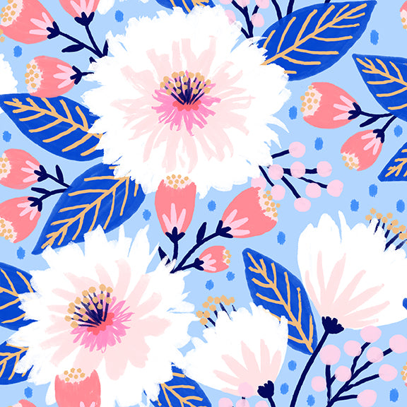 Vibrant Blooms Quilt Fabric - Dahlia Party in Light Blue - 120-22228